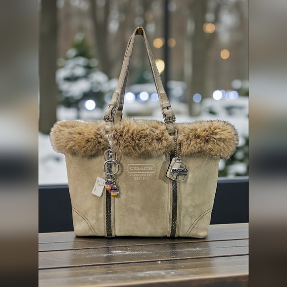 Coach Beige Tote with Fur Trim - Picture 13 of 13